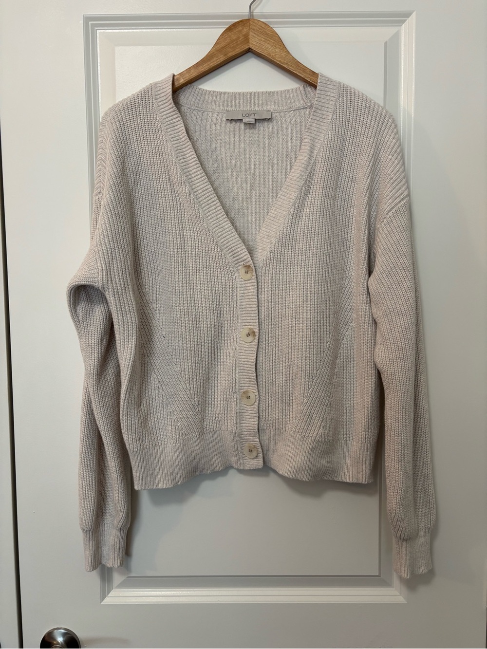 Loft Cream Knit 100% Cotton V-Neck Cardigan Sweater, Size L